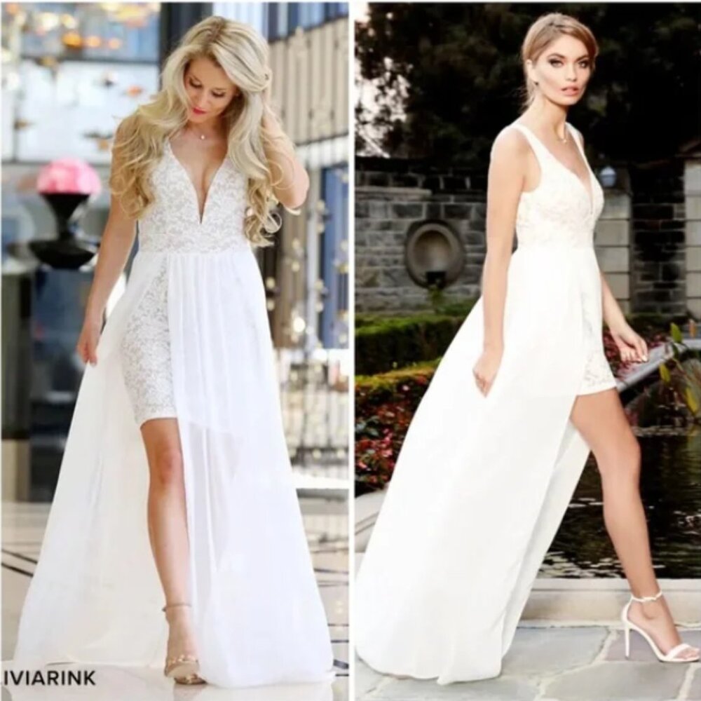 Lulu's White Lace Overlay Maxi Dress with Sheer Train